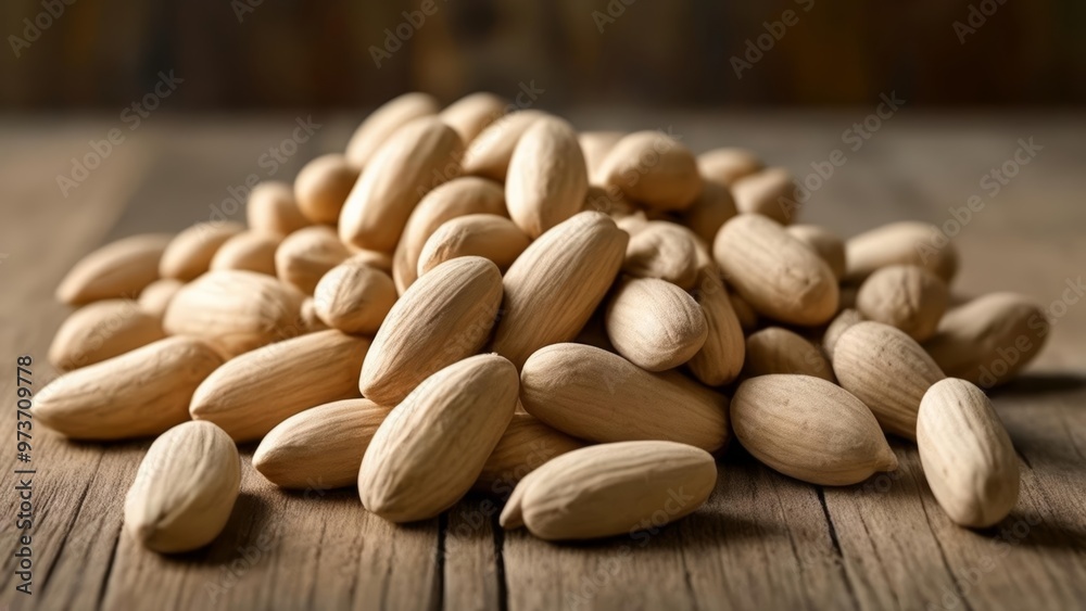  Nutty Delight  A pile of almonds on a wooden surface