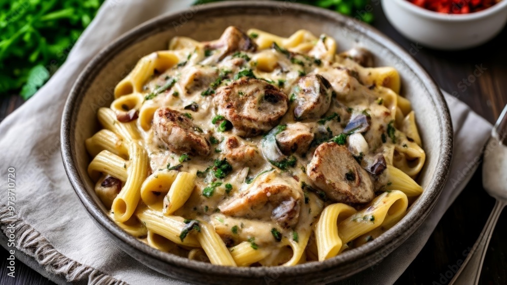 Delicious pasta dish with creamy sauce and chicken ready to be savored Delicious pasta dish with creamy sauce and chicken ready to be savored