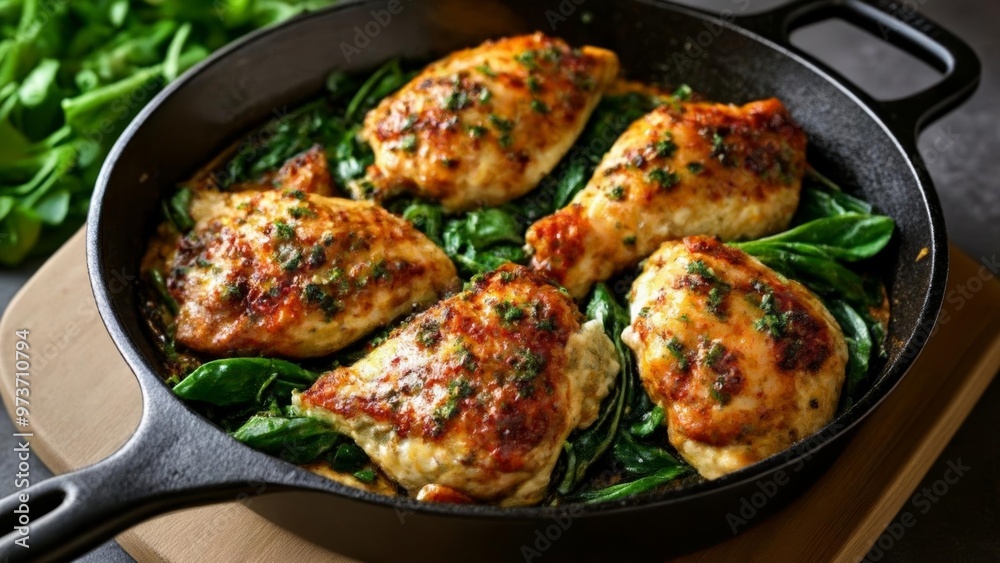 Deliciously seasoned chicken and spinach in a skillet Deliciously seasoned chicken and spinach in a skillet