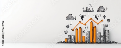 An abstract representation of growth with bar graphs, clouds, and lightbulbs, illustrating business metrics and innovations.