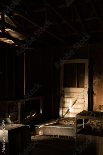 empty run down garage with table