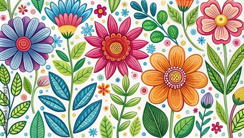 A colorful and whimsical illustration of simple, hand-drawn flowers with petals and leaves in various shapes and sizes,
