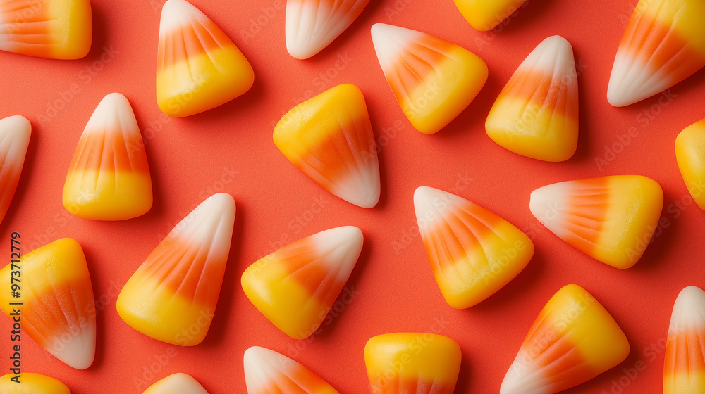 Candy Corn Pattern, vibrant candy corn pieces repeating across the background, Halloween, with copy space Candy Corn Pattern, vibrant candy corn pieces repeating across the background, Halloween, with copy space