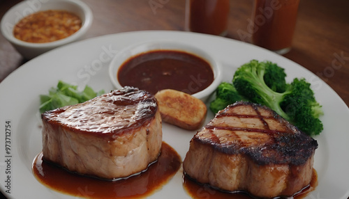 bbq grilled pork chops with barbeque sauce on a plate