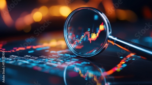 A magnifying glass focusing on stock market data, illustrating analysis and investment strategies in a digital landscape.