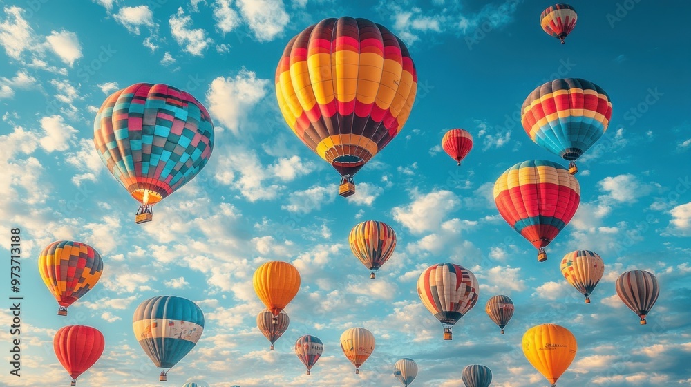 Obraz premium Colorful hot air balloons soaring in a bright blue sky.