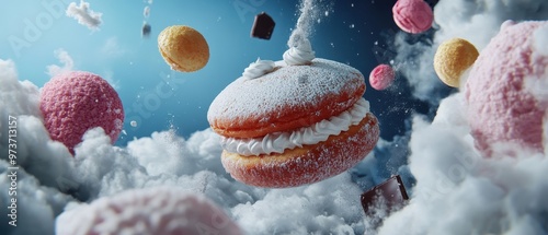 Surreal Dreamy Dessert Landscape with Floating Macarons and Pastries in a Cloudy Sky photo