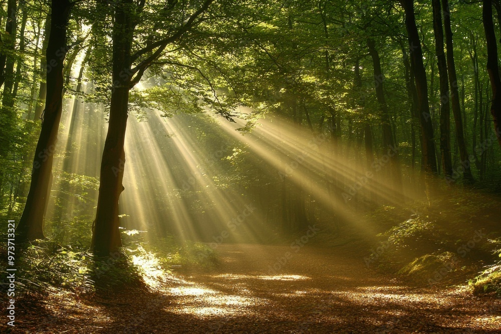 Obraz premium Sunbeams Illuminating a Forest Path