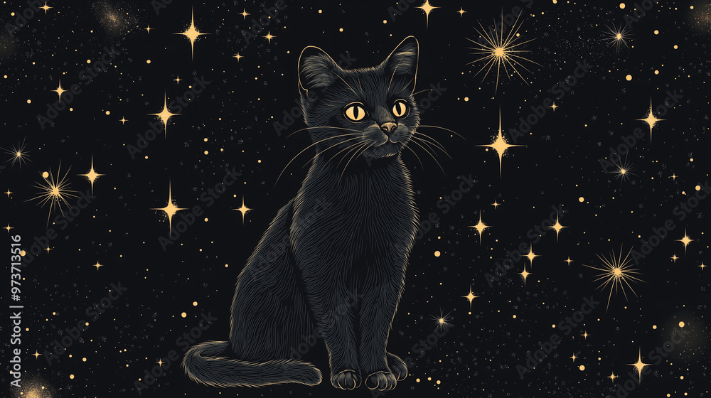 Black Cats and Stars Pattern, mysterious black cats sitting among sparkling stars, Halloween, with copy space Black Cats and Stars Pattern, mysterious black cats sitting among sparkling stars, Halloween, with copy space