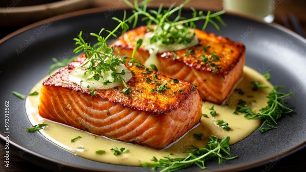 Deliciously grilled salmon with a creamy sauce and fresh herbs Deliciously grilled salmon with a creamy sauce and fresh herbs