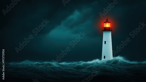 A striking lighthouse stands resilient against dark stormy waves, illuminating the night with its guiding light.