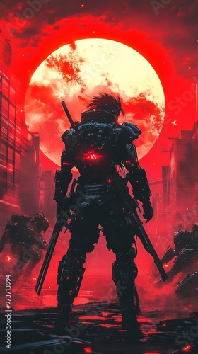 Under the blood-red sky, a samurai in glowing exosuit faces robotic enemies, illuminated by the intense rays of the futuristic sun