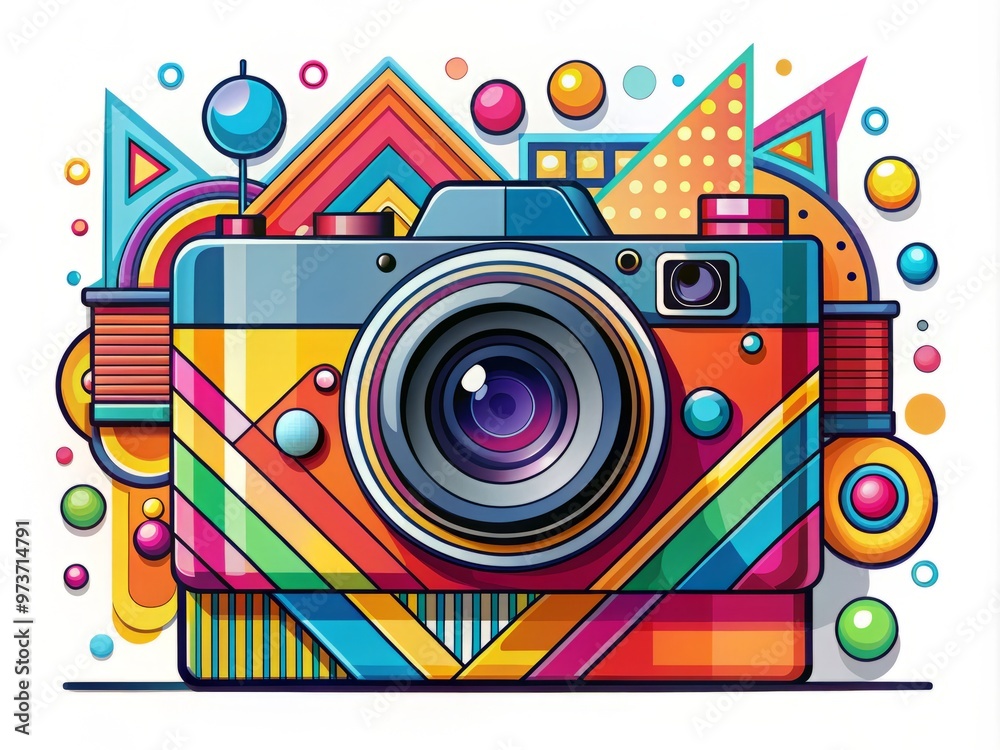 Obraz premium A colorful, illustrative camera with bold lines and geometric shapes, surrounded by abstract design elements, on a
