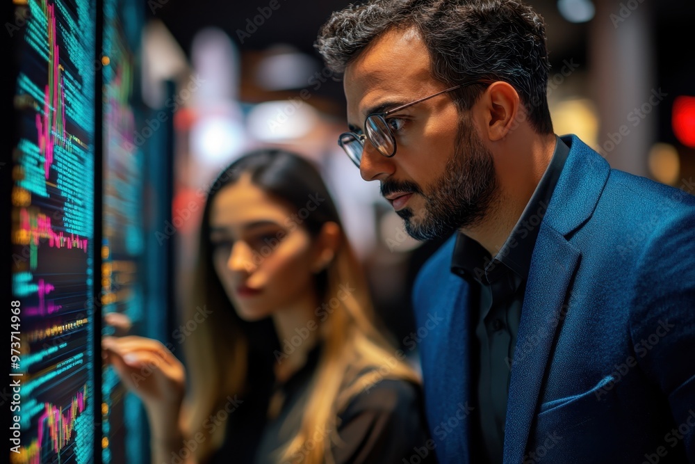 Financial Advisor in Blue Jacket Discussing Crypto Investments with Gen Z Client - Profile View with Charts Financial Advisor in Blue Jacket Discussing Crypto Investments with Gen Z Client - Profile View with Charts