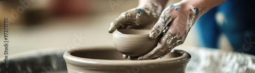 Close-Up of Hands Shaping Clay on a Pottery Wheel in a Ceramics Studio photo