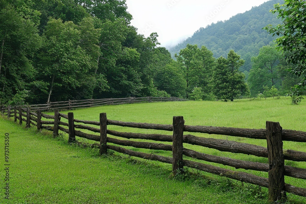 Wooden Fence Leading to a Green Meadow and Forested Hills Wooden Fence Leading to a Green Meadow and Forested Hills