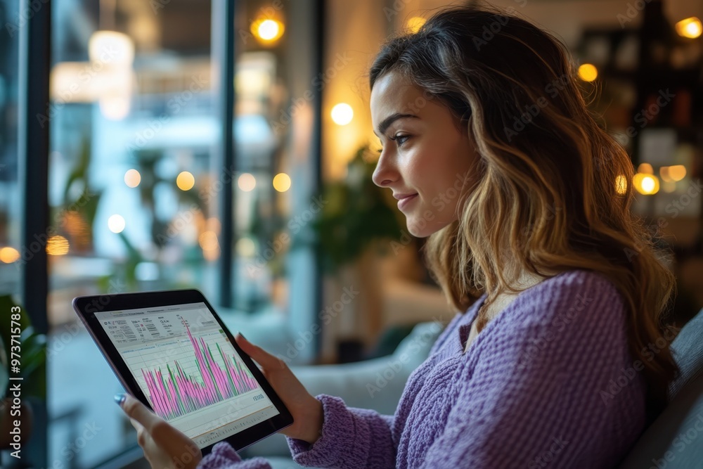 Modern Financial Guidance for Gen Z Client: Lavender-Clad Advisor Presenting Market Trends on Tablet in Profile View Modern Financial Guidance for Gen Z Client: Lavender-Clad Advisor Presenting Market Trends on Tablet in Profile View