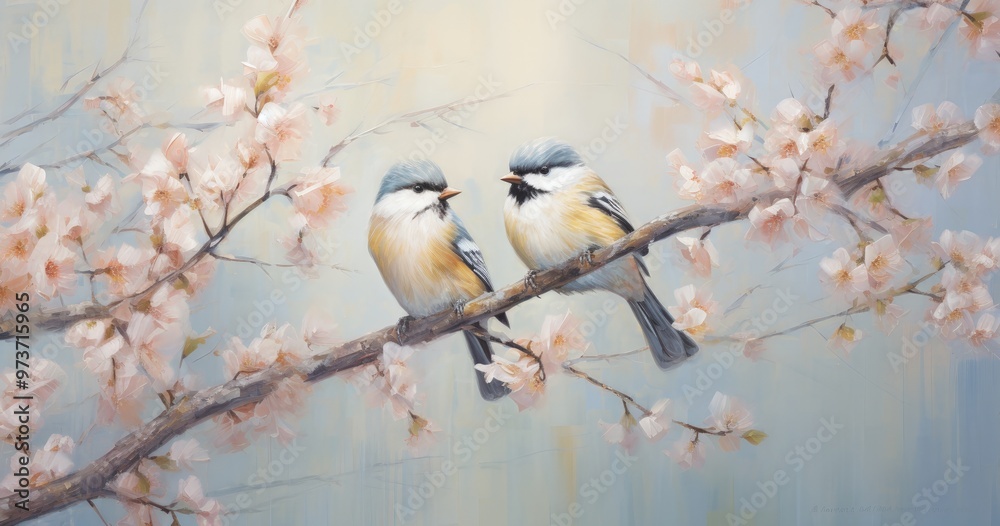 Obraz premium Two small birds perched on a branch adorned with delicate pink blossoms, conveying a serene and peaceful atmosphere.