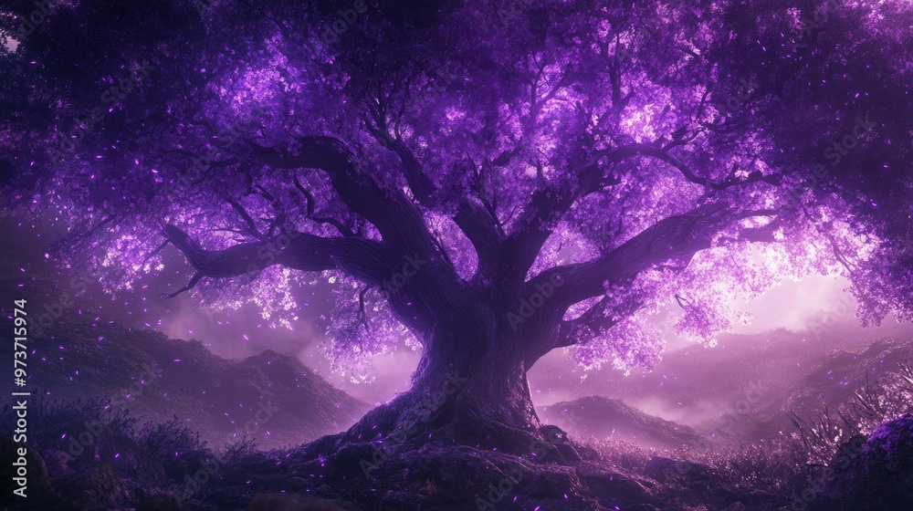 Purple fantasy tree with vibrant glowing branches, set in a surreal world, evoking a sense of magic and enchantment Purple fantasy tree with vibrant glowing branches, set in a surreal world, evoking a sense of magic and enchantment