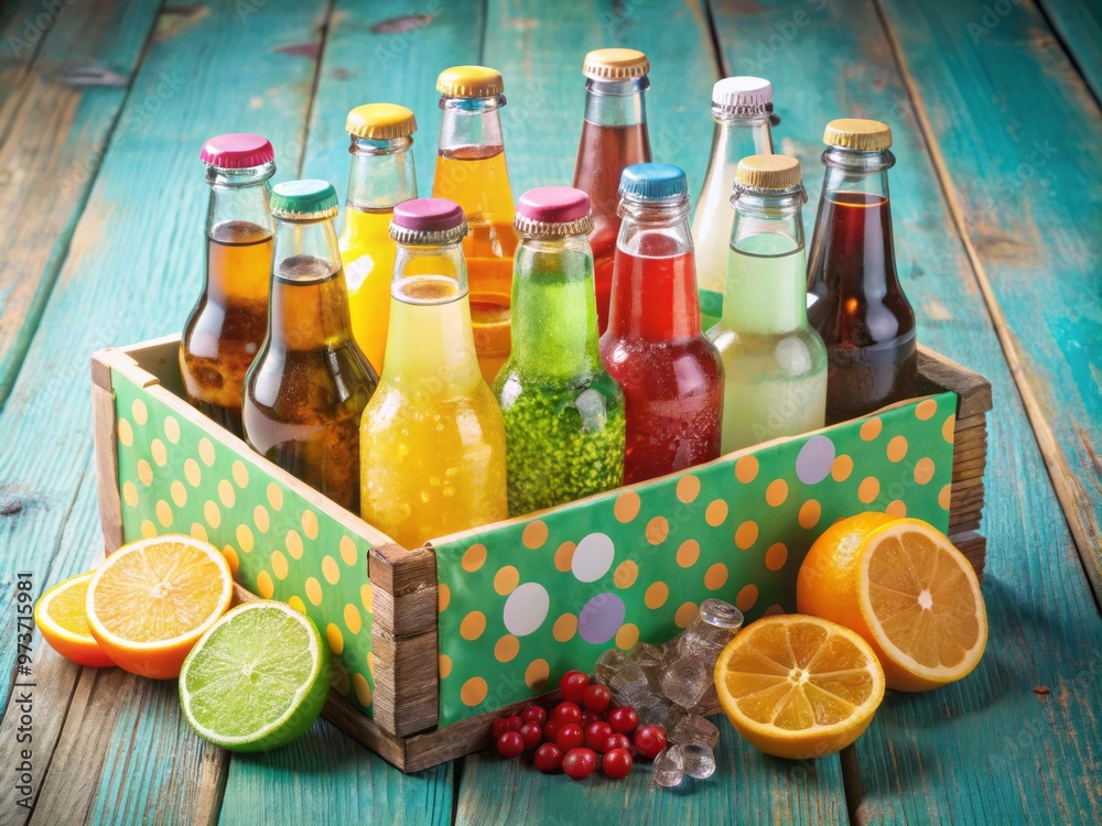 A colorful, retro-style cardboard box filled with assorted flavors of fizzy drinks, surrounded by vintage-inspired A colorful, retro-style cardboard box filled with assorted flavors of fizzy drinks, surrounded by vintage-inspired