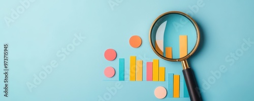 Colorful graphs and magnifying glass on a blue background, symbolizing analysis and data investigation.