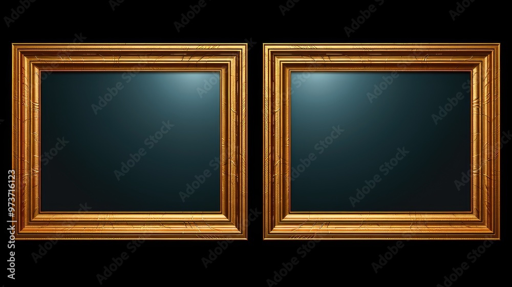 Two ornate golden picture frames with empty dark backgrounds, ready for artwork or photographs. Two ornate golden picture frames with empty dark backgrounds, ready for artwork or photographs.