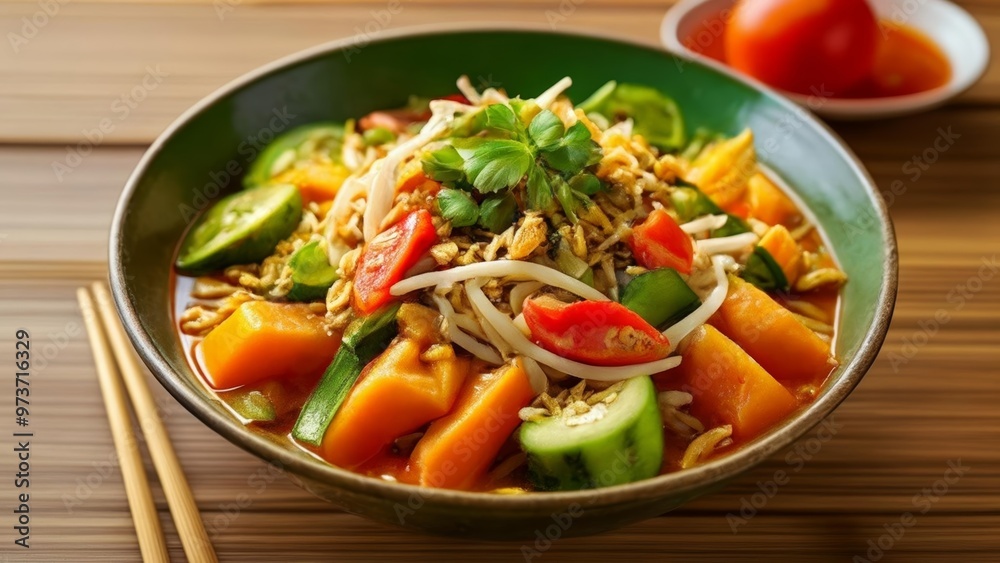 Delicious Asian noodle dish with fresh vegetables and herbs Delicious Asian noodle dish with fresh vegetables and herbs