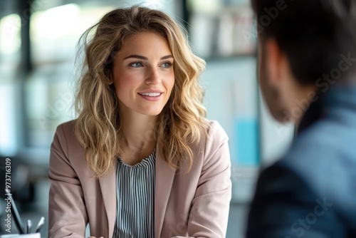 Wallpaper Mural Modern Financial Advisor in Rose Pink Blazer Explaining Savings Goals to Focused Gen Z Client in Contemporary Office Setting Torontodigital.ca