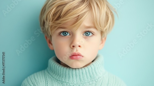 Young boy in sky blue sweater with nose wrinkled in disgust, close-up shot photo