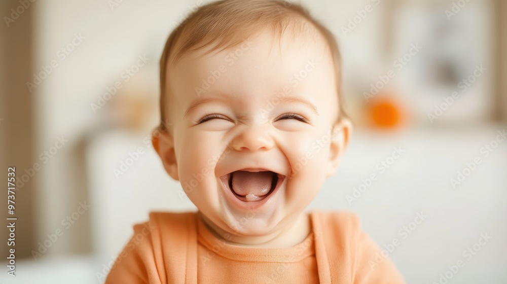 Joyful Baby in Coral Pink Overalls Laughing Hysterically - Close-up Shot of Adorable Infant Expressing Happiness and Glee Joyful Baby in Coral Pink Overalls Laughing Hysterically - Close-up Shot of Adorable Infant Expressing Happiness and Glee