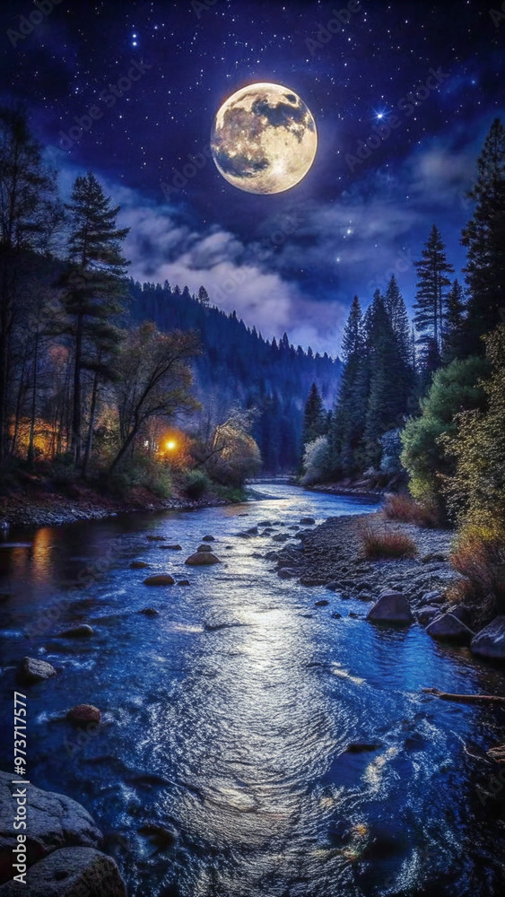 Naklejka premium moon over the riverwinter, landscape, nature, river, snow, forest, water, sky, mountain, tree, cold, stream, sunset, trees, sun, lake, ice, mountains, season, creek, view, frost, frozen, spring, cloud