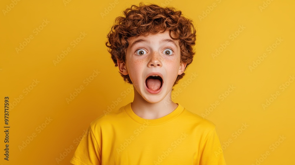 Shocked Teenage Boy in Sunflower Yellow T-Shirt - Close-up Expressive Portrait of Surprised Young Man Shocked Teenage Boy in Sunflower Yellow T-Shirt - Close-up Expressive Portrait of Surprised Young Man