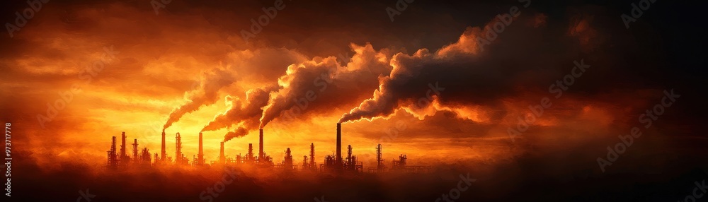 Majestic sunset illuminates industrial smokestacks, creating a dramatic contrast between nature and man-made structures. Majestic sunset illuminates industrial smokestacks, creating a dramatic contrast between nature and man-made structures.
