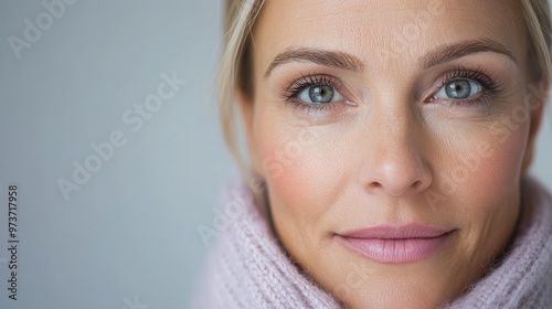 Confident Middle-Aged Woman Raising Eyebrow in Lavender Scarf Close-Up