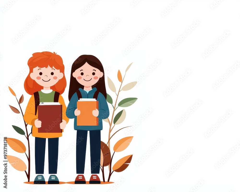 Two cheerful girls stand together with books, surrounded by autumn leaves, symbolizing friendship and learning.