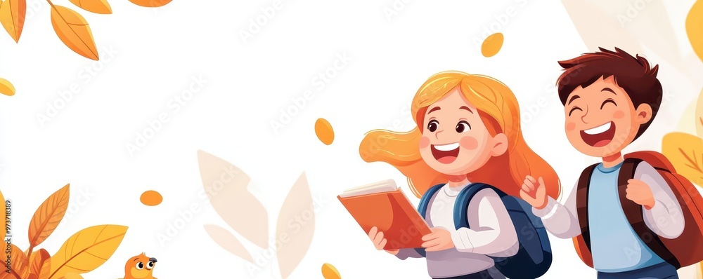 Two happy children exploring nature with a book, surrounded by colorful autumn leaves, embodying joy and discovery. Two happy children exploring nature with a book, surrounded by colorful autumn leaves, embodying joy and discovery.