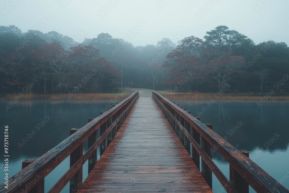 Fototapeta premium Foggy Morning on a Wooden Bridge Over a Calm Lake in a Forest