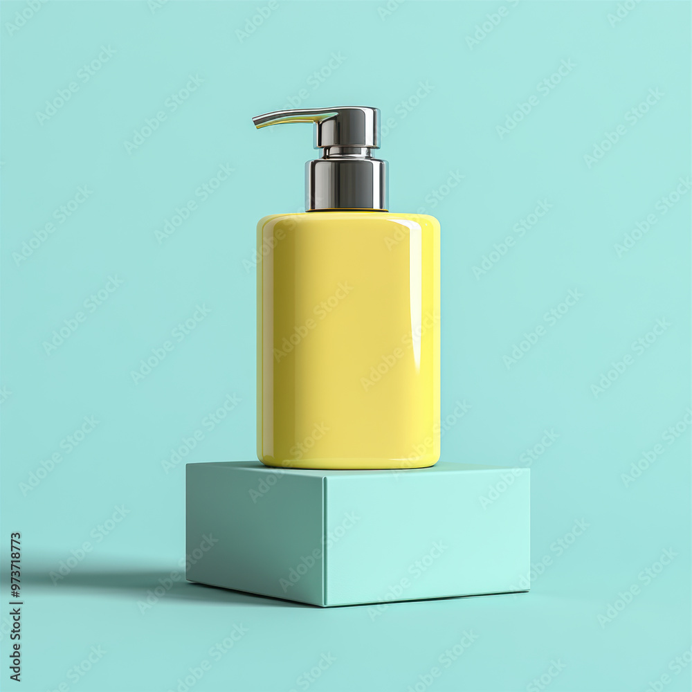 A vibrant pastel yellow bottle sits elegantly on mint green box, showcasing modern design A vibrant pastel yellow bottle sits elegantly on mint green box, showcasing modern design