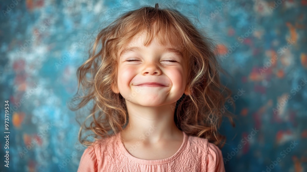 Joyful Young Girl in Coral Pink Dress Giggling with Nose Crinkled Up in Laughter Joyful Young Girl in Coral Pink Dress Giggling with Nose Crinkled Up in Laughter