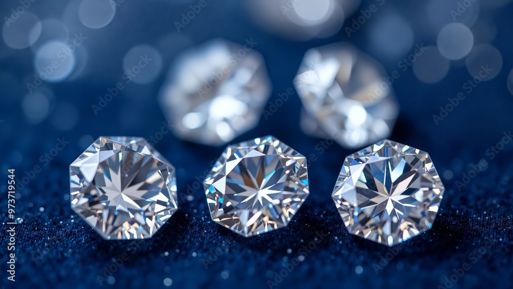 Sparkling Diamond Array on Blue Glitter, Close-up shot of various sized diamonds arranged symmetrically on a shimmering blue glittery surface. Ideal for jewelry, luxury, advertising. Sparkling Diamond Array on Blue Glitter, Close-up shot of various sized diamonds arranged symmetrically on a shimmering blue glittery surface. Ideal for jewelry, luxury, advertising.