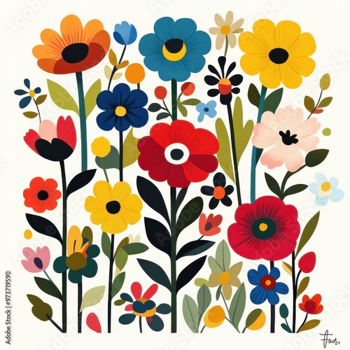 A colorful flower painting with a variety of flowers including red, yellow