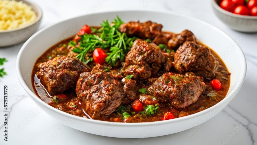 Delicious beef stew with herbs and tomatoes ready to be savored Delicious beef stew with herbs and tomatoes ready to be savored