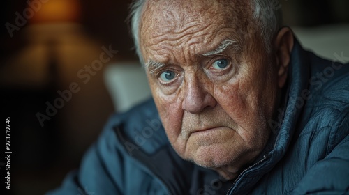 Confused Elderly Man in Periwinkle Jacket with Squinting Eyes