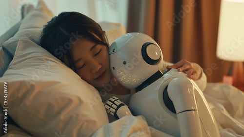 A Young Woman Asleep in Bed, Holding a Robot Companion photo