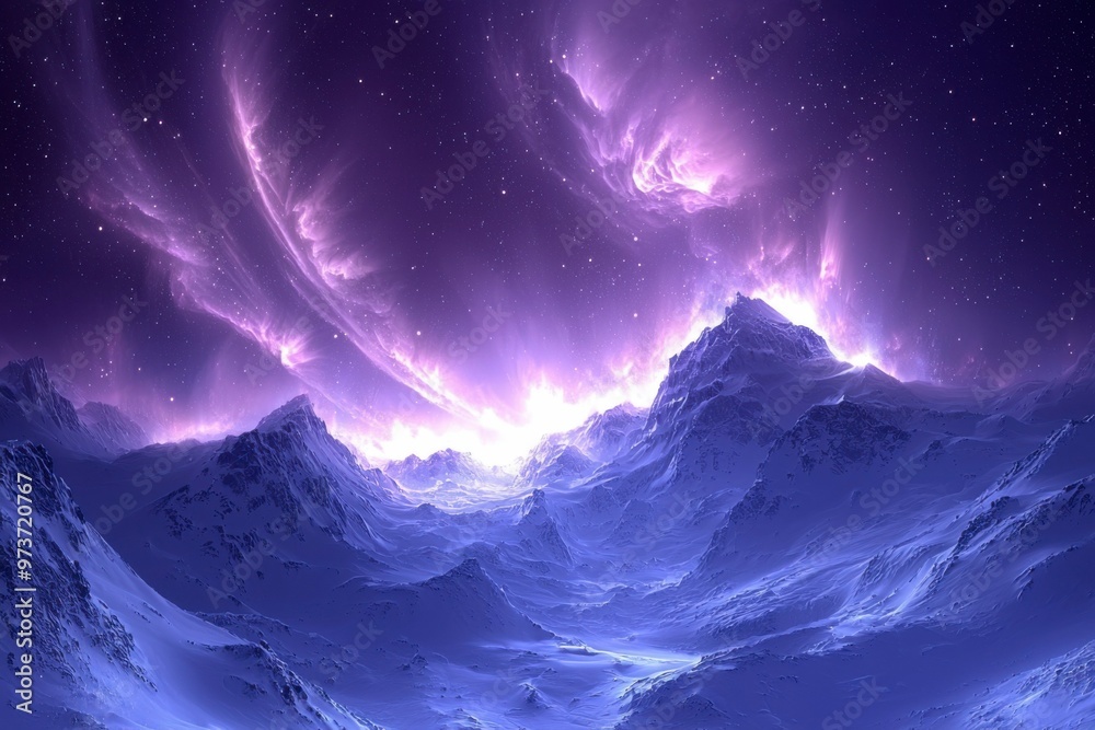 A Snowy Mountain Range Under a Starry Sky with Pink Nebulae A Snowy Mountain Range Under a Starry Sky with Pink Nebulae