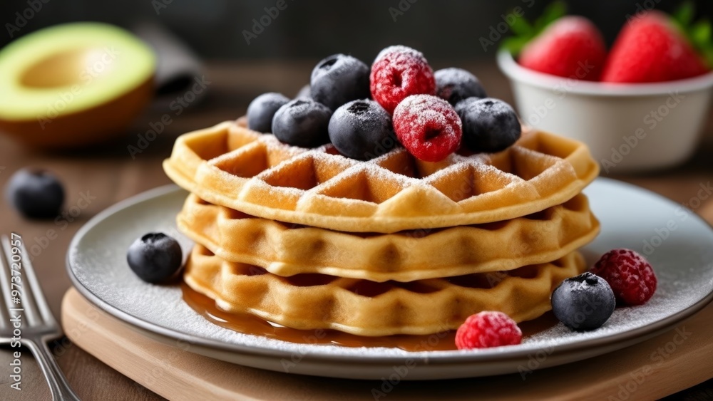 Deliciously stacked waffles with fresh berries and powdered sugar Deliciously stacked waffles with fresh berries and powdered sugar