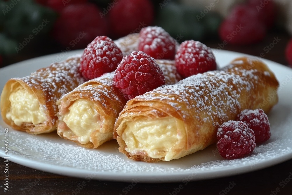 Three donuts with powdered sugar and raspberries on top Three donuts with powdered sugar and raspberries on top