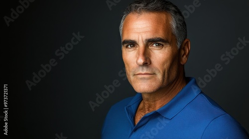 Middle-Aged Man in Playful Snarl, Wearing Azure Blue Polo Shirt Close-Up Portrait