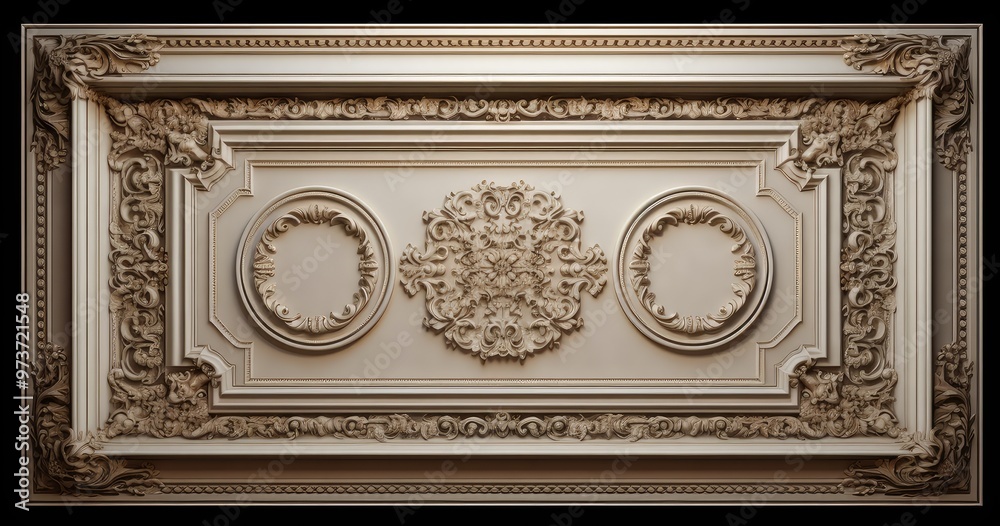 Obraz premium Ornate ceiling panel featuring intricate moldings and decorative elements, showcasing classical design aesthetics.