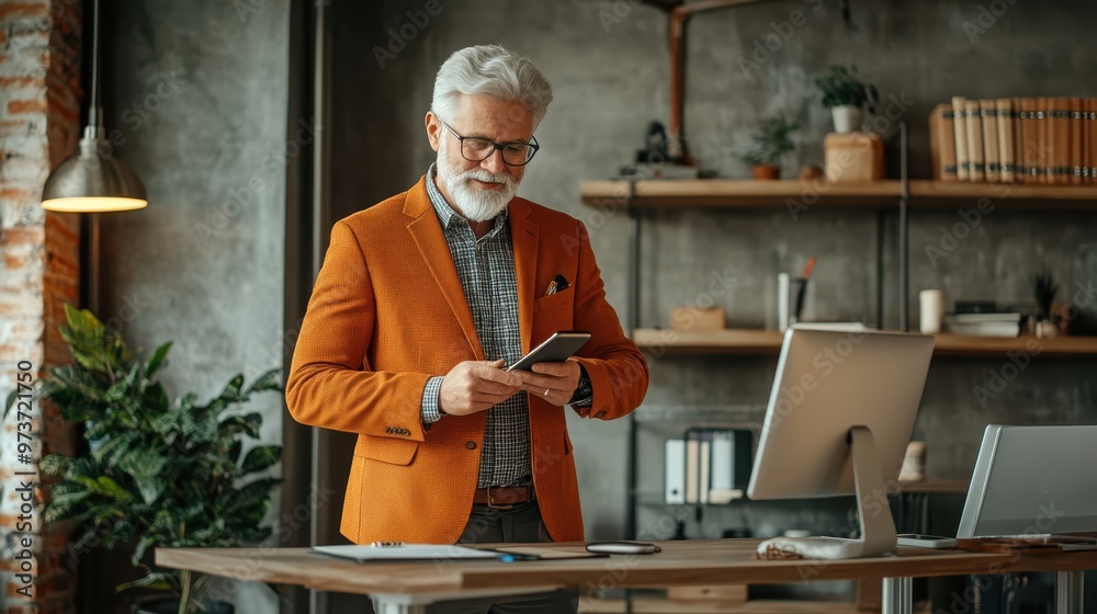Professional Senior Man Making Business Call at Standing Desk in Modern Office Setting Professional Senior Man Making Business Call at Standing Desk in Modern Office Setting